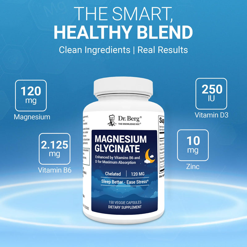 Dr. Berg Magnesium Glycinate 150ct – 4-in-1 Chelated for Muscle, Nerve, Sleep & Stress Support*– w/ D3, B6 & Zinc – 4X Lab-Tested – No Fillers – Formulated in USA, GMP-Certified