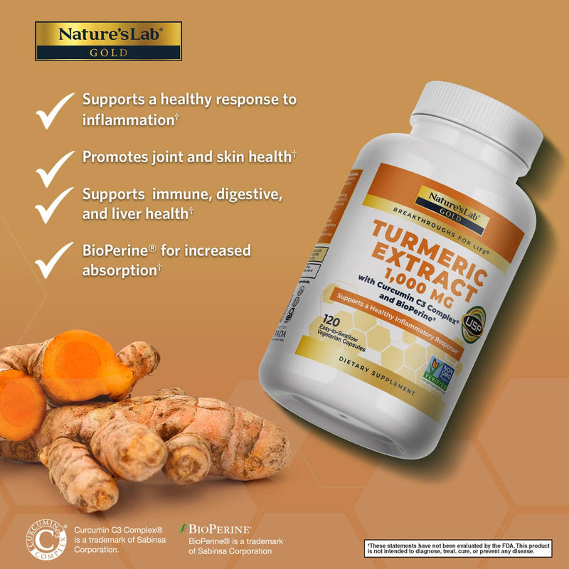 [Australia] - Nature's Lab Turmeric Curcumin C3 Complex 1000mg - Turmeric Extract 1000mg & BioPerine 5mg Standardized to 95%, Promotes Cardiovascular, Immune, Joint, Skin Health - 120 Capsules (60 Day Supply) 