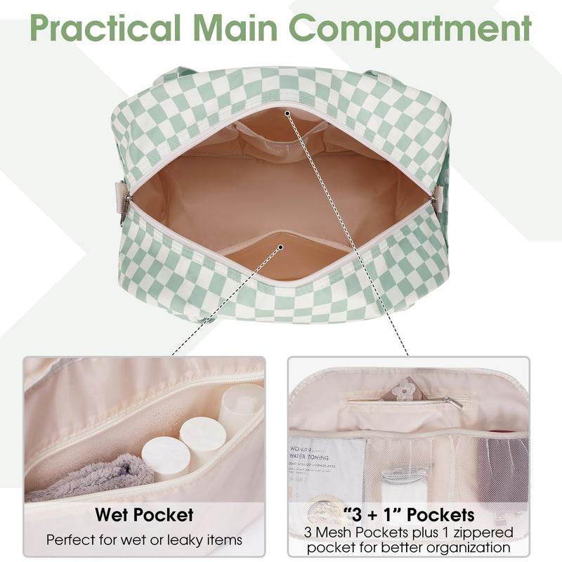Narwey 18" Carry on Bag Underseat for Airplane with Wet Pocket Frontier Airlines Personal Item Bag Travel Duffel Bag Small Gym Bag Weekender Overnight for Women and Men (Mint Green Checkerboard) Z-Mint Green Checkerboard Small without laptop compartment