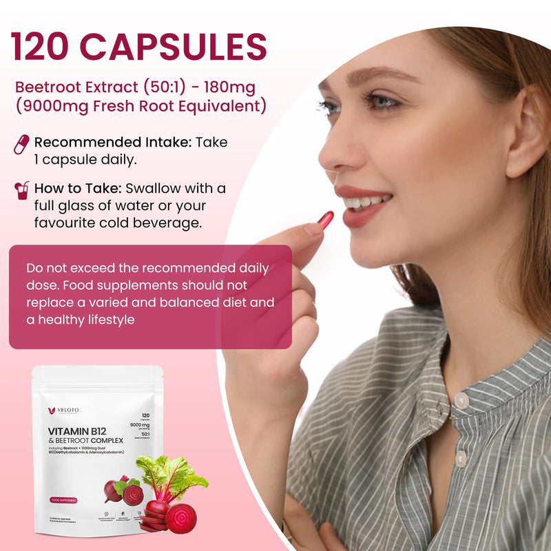 VELOTO Beetroot Capsules with Vitamin B12, High Strength 9000mg 50:1 Extract, 1000mcg Dual Active B12 Methylcobalamin & Adenosylb12, Vegan, Supports Energy Circulation & Immune Function, 120 Capsules