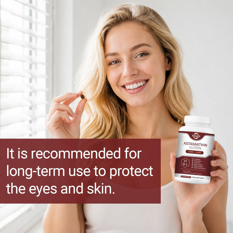 14-in-1 Astaxanthin 24mg & Lutein 40mg with Zeaxanthin Supplements, Premium Astaxanthin Antioxidant, Fresh Microalgae Source, Supports Eye, Skin, Antioxidant, Joint, Circulatory Health, 240 Softgels