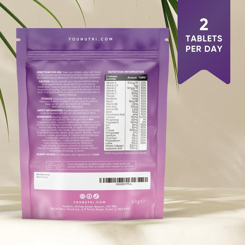 Women's Multivitamins & Minerals with Marine Collagen & Hyaluronic Acid. 26 Essential Vitamins, Minerals, & Botanicals – UK GMP Manufactured and Lab Tested - 60 Tablets (1 Month Supply)