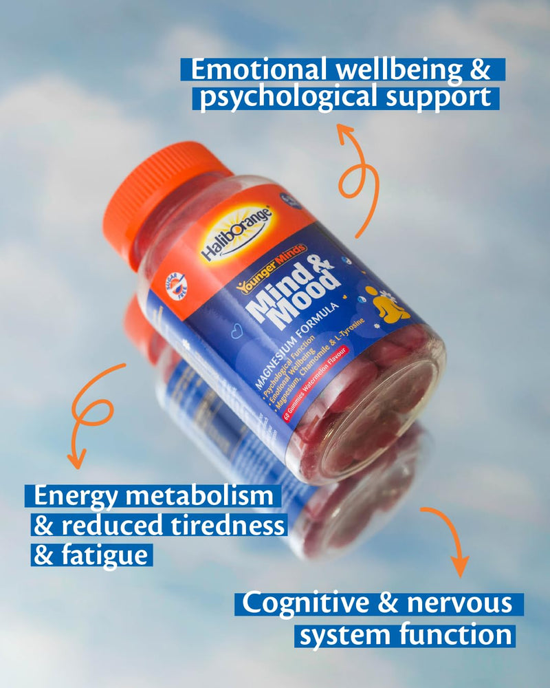 Haliborange YoungerMinds Mind & Mood Gummies for Kids 6–16 | Sugar-Free Daily Supplement with Magnesium, L-Tyrosine, Thiamin & Chamomile | Supports Focus, Calm & Emotional Balance – 60 Gummies