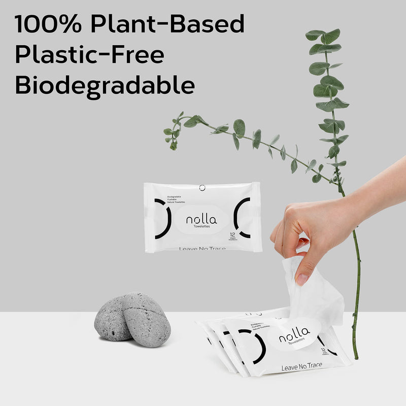 [Australia] - Nolla Flushable Wipes Travel Packs, 100% Plant-Based, Plastic-Free and Biodegradable - Unscented + Soothing Aloe and Vitamin E 120 Count (10 Packs of 12) 12 Count (Pack of 10) 