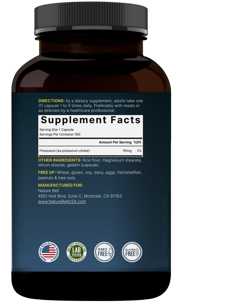 [Australia] - Potassium Citrate Supplement 99mg, 500 Capsules | Easily Absorbed Chelated Form ‚Äì Essential Mineral Electrolyte Balance ‚Äì Supports Muscle, Bone, & Heart Health ‚Äì Non-GMO 