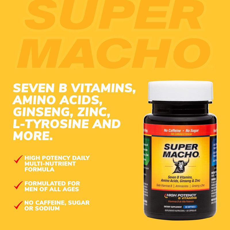 Super Macho Dietary Supplement Zinc & B-Vitamins, Made in USA, 50 Softgels | Zinc Supplement, B Complex, High Potency Zinc, Ginseng, L-Tyrosine, Amino Acids, Sugar Free, Caffeine Free, Men's Formula 50 Count (Pack of 1)