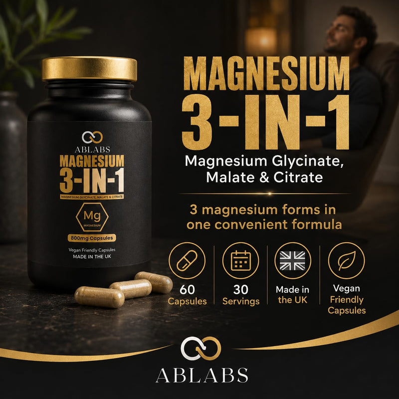 Magnesium 3-in-1 1600mg | ABLABS | Glycinate, Malate & Citrate | Made in The UK | Triple Strength 1600mg | Vegan Capsules (60) 60