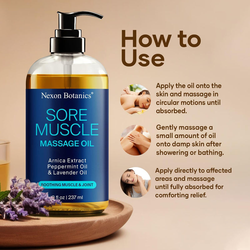 [Australia] - Sore Muscle Massage Oil 8 fl oz - Body Massage Oil for Massage Therapy - Peppermint, Lavender, Arnica Oil for Pain Relief, Muscle Relaxing - Nexon Botanics Sore Muscle 