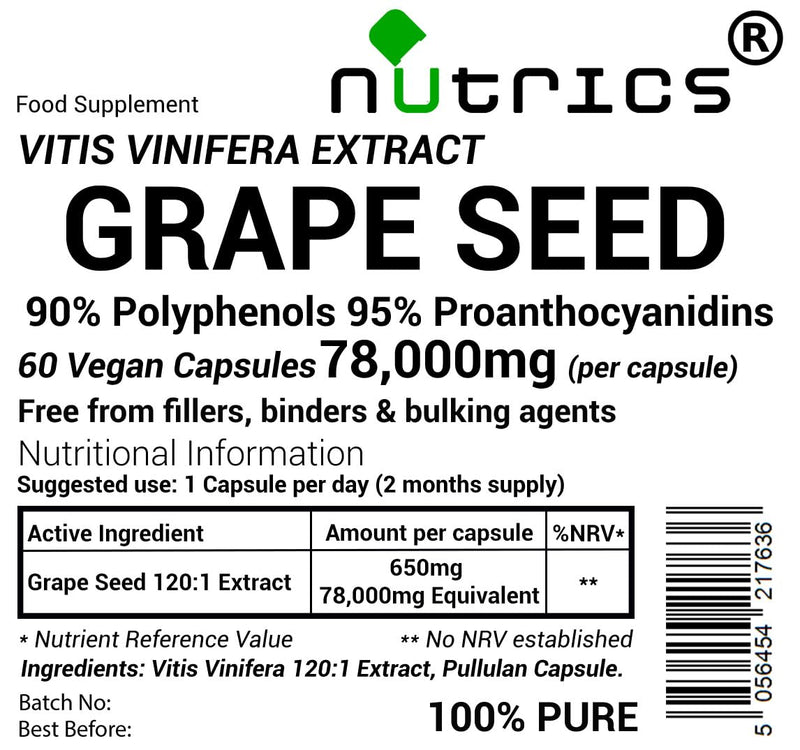 78,000mg (per Capsule) Grape Seed Extract 120:1 95% Proanthocyanidins 90% Polyphenols Pure 60 V Capsules (2 Months Supply) - Pure Grapeseed