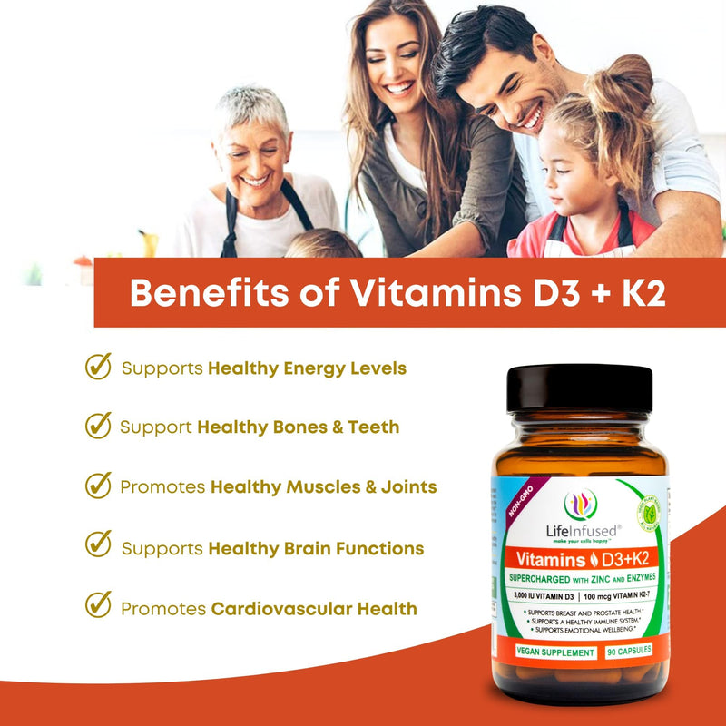 Life Infused Vitamin D3 + K2 Supplement with Zinc & Enzymes — 3000 IU D3, MK-7 K2, Immune & Bone Support, Enhanced Absorption, Non-GMO Vegan Capsules, 90 Count