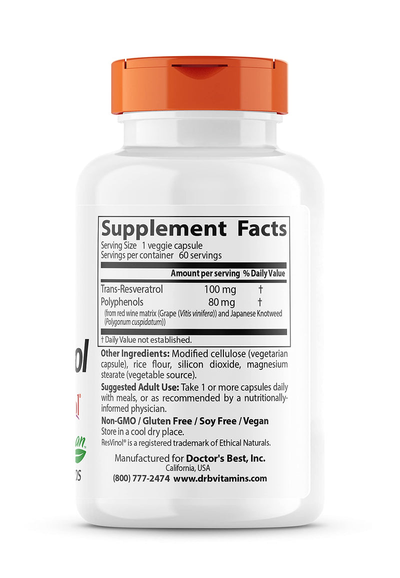 [Australia] - Doctor's Best, Trans-Resveratrol with Resvinol, non-gmo, vegan, Gluten Free, Soy Free, 100 mg, 60 Veggie Caps (DRB-00171) 