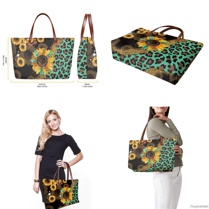 GIFTPUZZ Women Top Handle Bags Handbags with Zipper Leather Wallet Cash Card Phone Holder and Makeup Bag Set 3pcs Sunflower Leopard Print