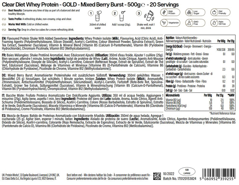 Protein Works | Clear Diet Whey Protein - Gold Innovation, Whey Protein Isolate Powder, Refreshing High Protein Drink, Mixed Berry Burst, 20 Servings, 500g 20 Shakes (500g)