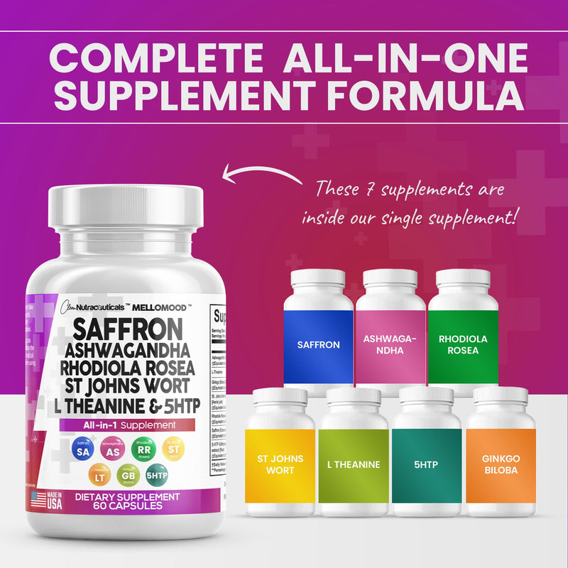 [Australia] - Clean Saffron Supplements with Ashwagandha 8000mg - Mood Support with L-Theanine 200mg, Ginkgo Biloba 6000mg, St. John's Wort 6000mg, Rhodiola Rosea 3000mg & 5-HTP 500mg - Saffron Pills Capsules USA 