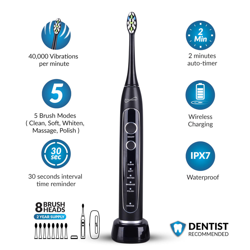 [Australia] - Supersonic TB-5100 Sonic Zoom Advanced Whitening Electric Toothbrush | 40,000 VPM | Wireless Charging | 5 Cleaning Modes | 8 Brush Heads | Auto Timer | Travel Case | Black 