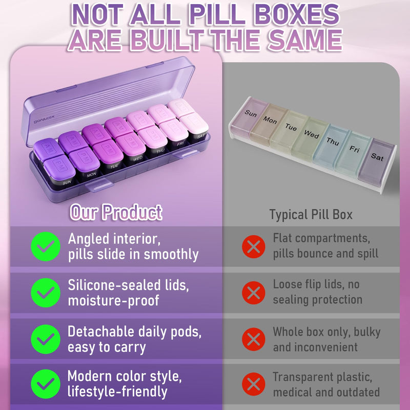 Weekly Pill Organizer 2 Times a Day, Portable AM PM Medicine Box with Large Compartments, Travel Pill Organizer Case, Moisture-Proof Daily Containers for Vitamins, Supplements & Medication (Green) Purple