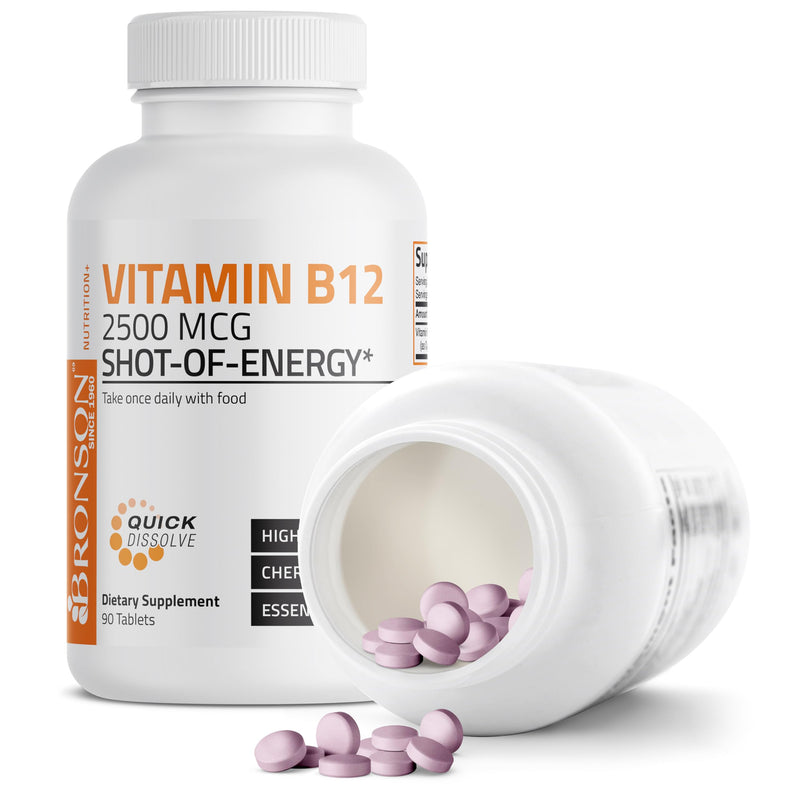 Bronson Vitamin B12 2500 mcg Fast Dissolve Sublingual Cherry, 90 Tablets | B12 as Cyanocobalamin, Supports Energy Metabolism, Red Blood Cell Formation, Nerve & Brain Function 90 Count (Pack of 1)