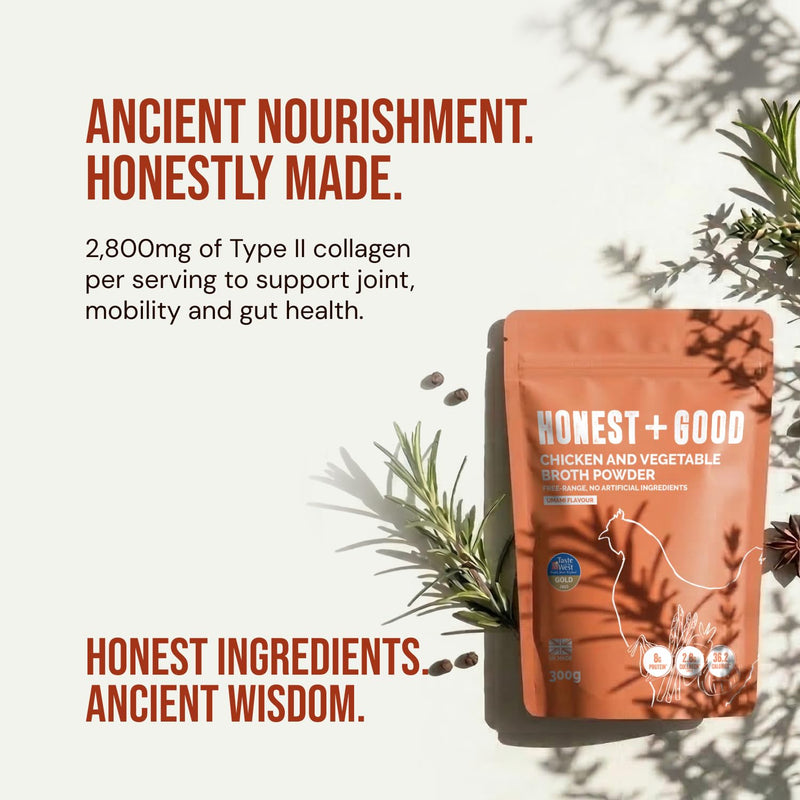 Honest + Good Chicken & Vegetable Bone Broth Powder - 300 g | 1 Month Supply | UK Made Gold Award Winner | Made With Free Range Chicken | Type II Collagen & Protein Promote Hair Skin Nail & Gut Health