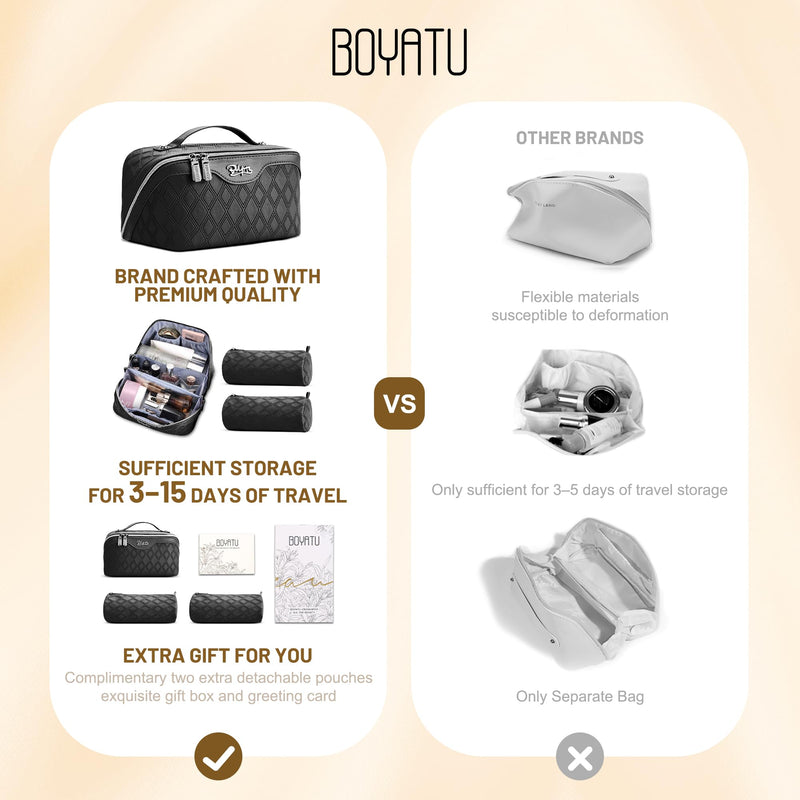 BOYATU Travel Makeup Bag, Large Capacity 3-Piece Cosmetic&Toiletry Bag Set | Thoughtfully Organized | Detachable Pouches | Opens Flat for Easy Packing | Waterproof PU Leather A-4-Black