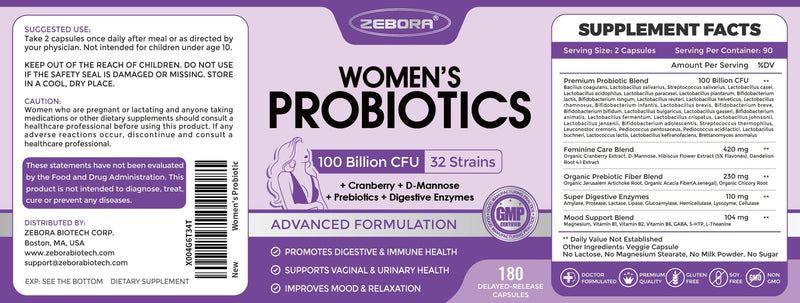 ZEBORA Probiotics for Women Digestive Health, 100 Billion CFUs, 90 Servings | With Digestive Enzymes, Prebiotics, D-Mannose, and Cranberry for Gut Health, Vaginal and Urinary Tract Balance 180 Count (Pack of 1)