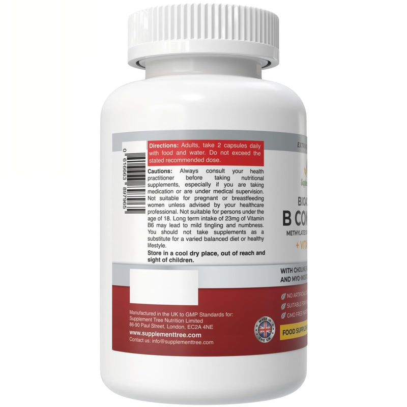 Bioactive B Complex with Vitamin C – Methylated B12, Folate (5-MTHF), B6 P5P, PABA, Choline, Inositol – High Strength, 90 Vegan Capsules – Non-GMO