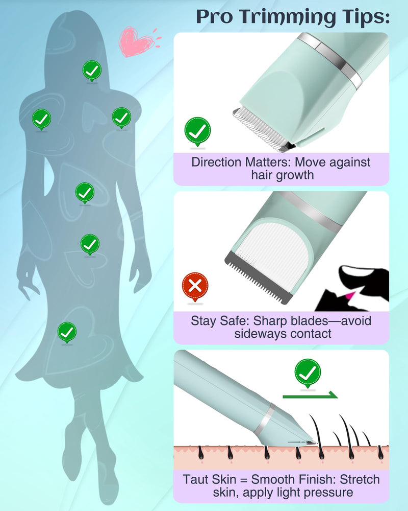 [Australia] - Waterproof Bikini Trimmer Women Electric Razor for Pubic Hair Women's Foil Shaver Rechargeable Shaver Removal with Snap-in Ceramic Blades IP7X Washable Head,Wet and Dry Use,Green Green 