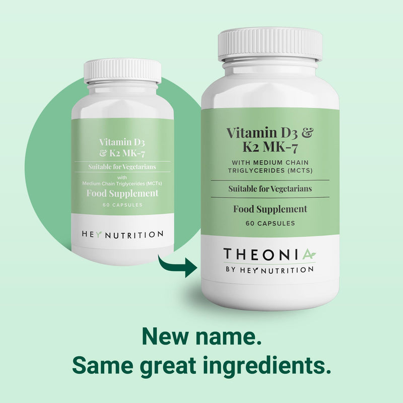 Theonia Vitamin D3 & K2 MK-7-100ug Each with MCT Oil - Suitable for Vegetarians - Support Healthy Bones, Teeth, Muscles, Immune Function, and Fatigue - Non-GMO 60 count (Pack of 1)