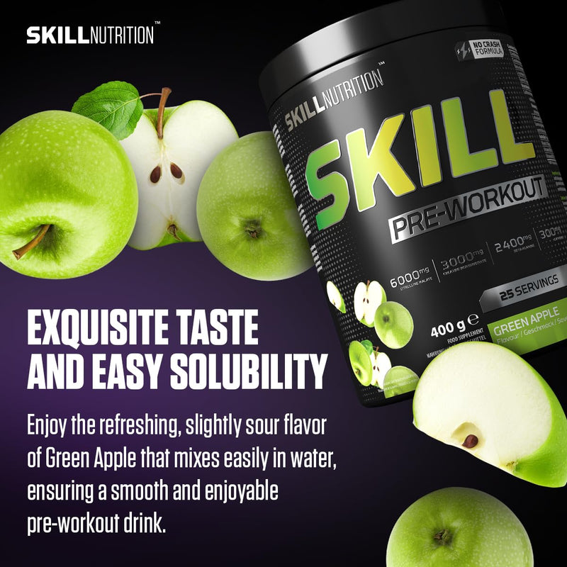Skill Nutrition Pre-Workout Green Apple - No-Crash Formula with Extended-Release Caffeine | Xtenergy®, TheaGreen™, Vitacholine®, Astragin® | Vegan, Halal | B-Vitamins, Citrulline, Beta-Alanine