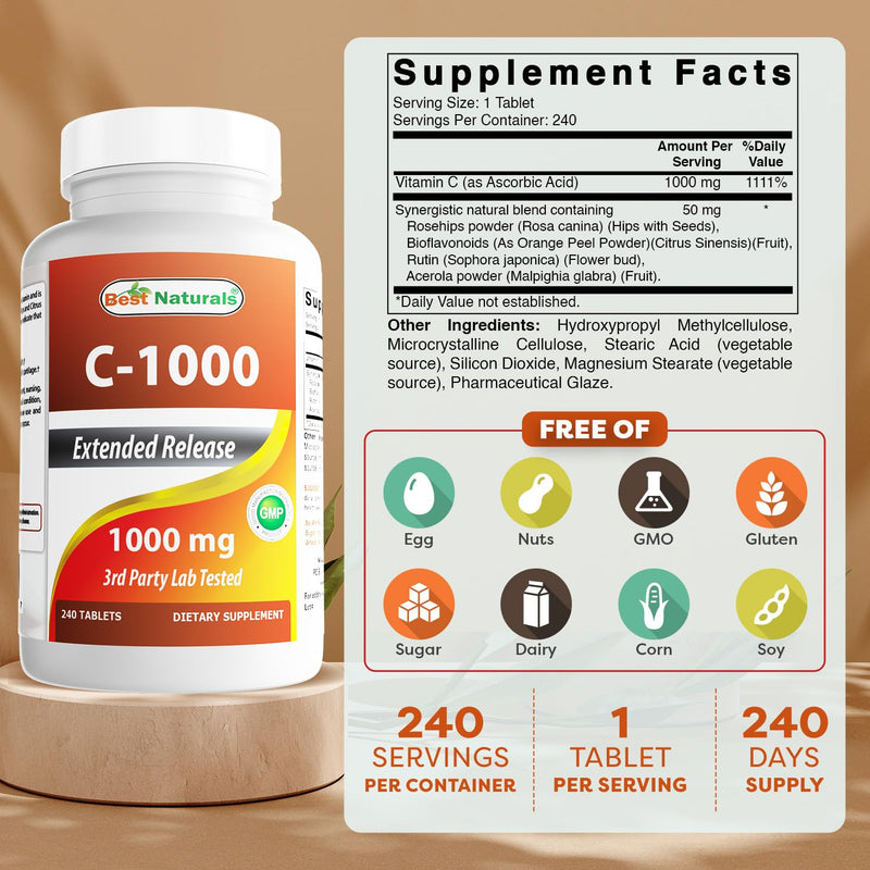 Best Naturals Vitamin C 1000 mg Tablets with Rose HIPS, Berry 240 Count (Pack of 2) 240 Count (Pack of 2)