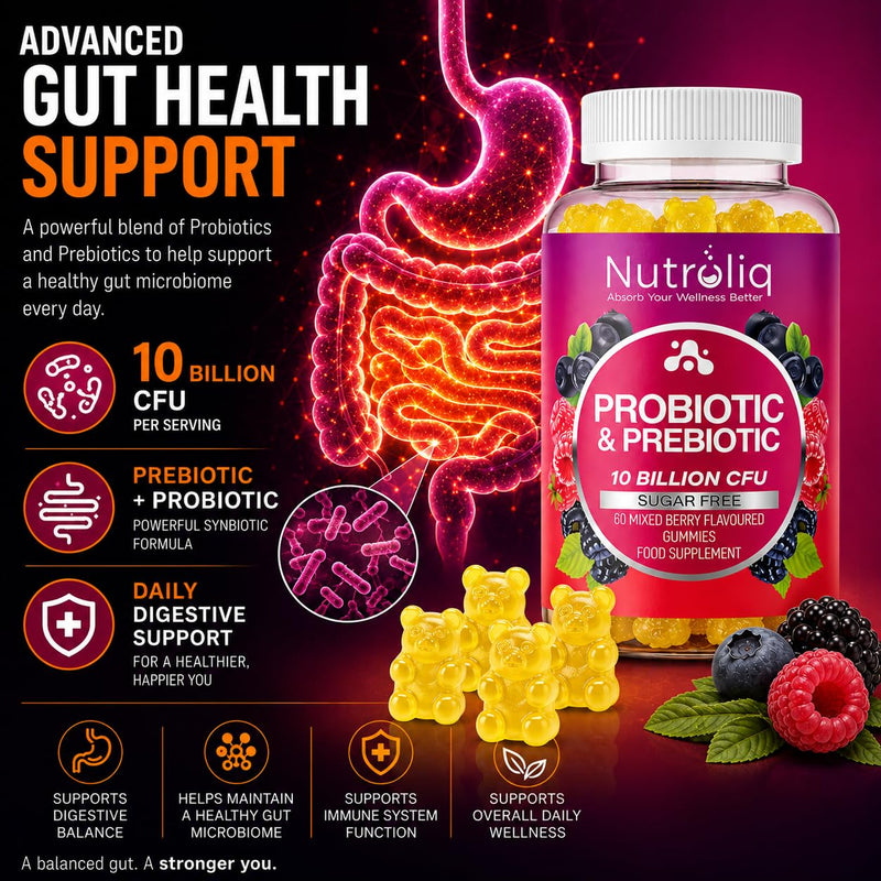 Nutroliq Prebiotic & Probiotic Sugar-Free Gummies - Gut Health Supplements for Women, Men, Kids to Support Digestive System, Immune System Booster - 10 Billion CFU Per Serving, Vegan - 60 Gummies 60 count (Pack of 1)