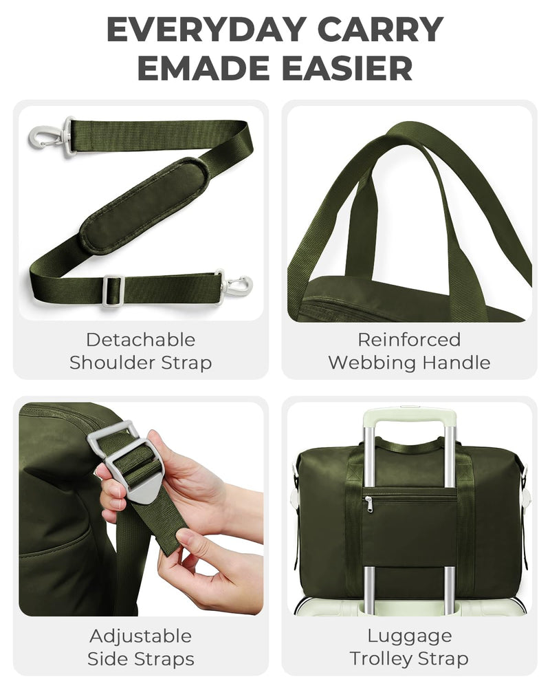 Percover Weekender Travel Duffel Bag for Women, Lightweight Soft-Structure 33L Carry-On, Water-Resistant Nylon with Shoulder Strap & Trolley Sleeve, Personal Item Friendly, Olive Green