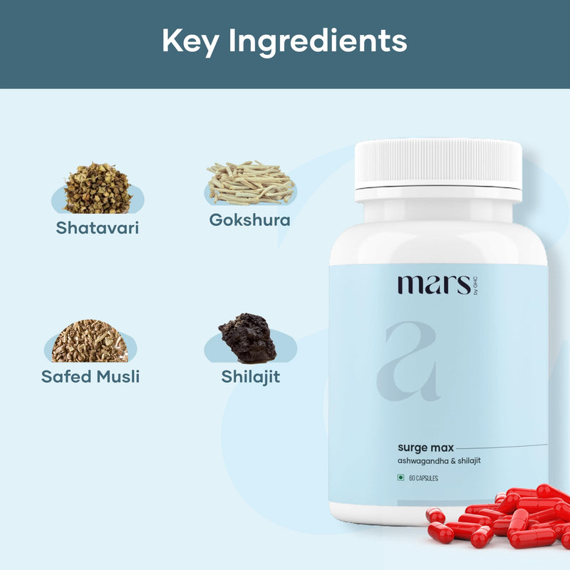 [Australia] - Mars Surgemax Natural Capsules with Shilajit & Safed Musli | Supports Energy, Strength & Immunity | for Active Lifestyle | 60 Capsules | Pack of 1 60 Count (Pack of 1) 