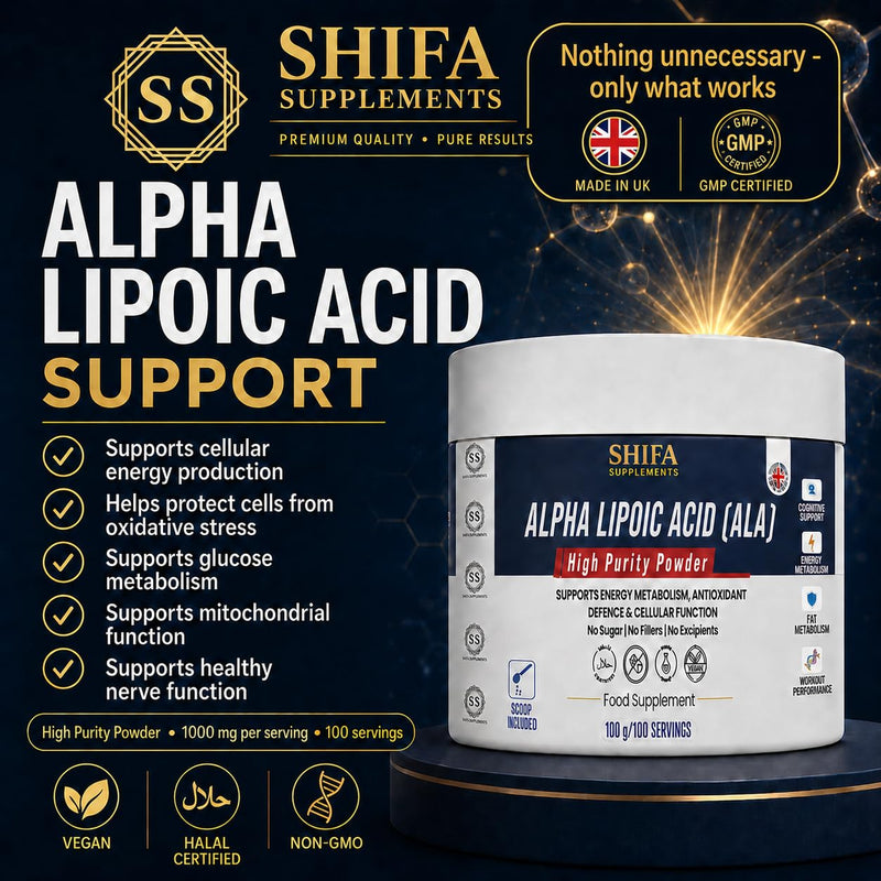 Alpha Lipoic Acid Powder 100g | 1000mg Per Serving | High Purity ALA | Antioxidant & Energy Support | Vegan | Halal Certified | Non GMO | GMP Manufactured