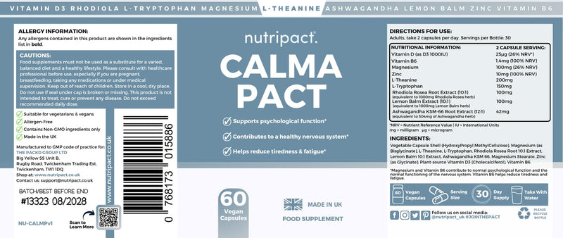 Calm & Sleep Support Capsules – Magnesium Glycinate, Ashwagandha KSM-66, L-Theanine & Lemon Balm for Relaxation, Stress Relief & Night-Time Unwind – 60 Capsules – Calma Pact
