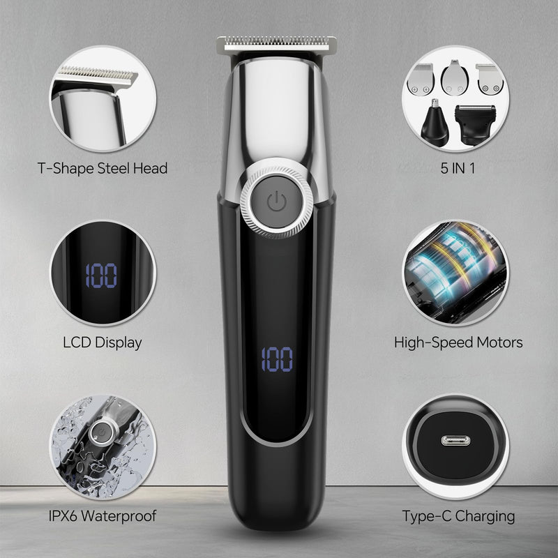 [Australia] - Beard Trimmer for Men, 5 in 1 Electric Razor for Men, Cordless Hair Clippers, Waterproof Grooming Kit for Shaving Face, Mustache, Body, Ear, Nose Hair Trimmer, Black 