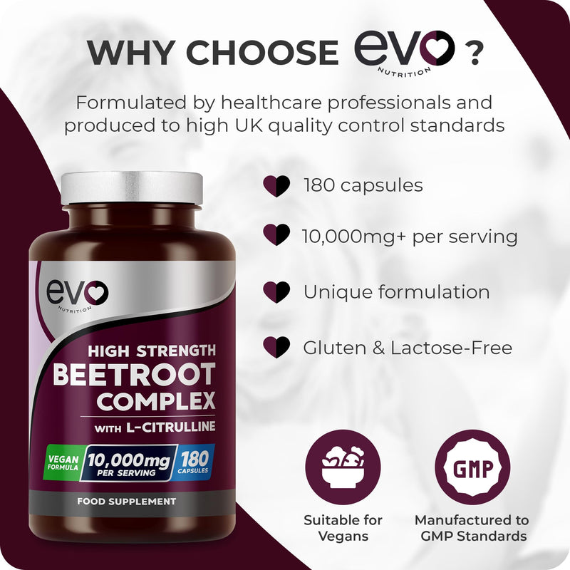 Beetroot Complex & L-Citrulline 10,000mg | 180 Capsules | High Strength | Nitric Oxide Booster to Support Circulation for Energy & Daily Wellness | Vegan, Non-GMO, UK Made, 3 Months | EVO NUTRITION