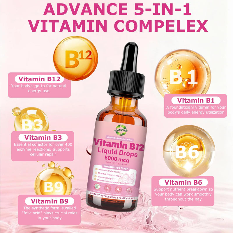 Liquid Vitamin B12 Drops 5000 mcg - Extra Strength B12 Methylcobalamin | with B1 B6 B3 Folate Niacin -Fast Absorption Sublingual B-12 Drops for Energy Metabolism & Brain Function, Vegan B Complex Raspberry 1 Fl Oz (Pack of 1)