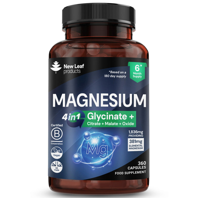 Magnesium Glycinate 4-in-1 Complex 2000mg - High Strength Magnesium Supplements - Bisglycinate,Citrate, Malate, Oxide - 360 Capsules 449mg Elemental - Vegan UK Made By New Leaf 360 count (Pack of 1)