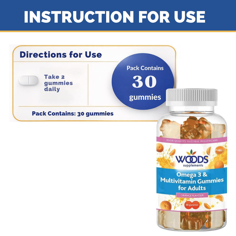 Woods Supplements - Omega 3 & Multivitamin Gummies for Adults (30x). 220mg Plant-Based Omega 3 from Flaxseed, 8 Essential Vitamins Including A, C, D3 & E, Orange Flavour, Daily Nutritional Support 30