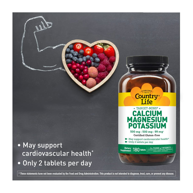 [Australia] - Country Life Target Mins - Calcium Magnesium Potassium Bone & Heart Health Supplement, 1000mg Calcium, 500mg Magnesium, Supports Calcium Utilization, 180 Tablets ‚Äì Certified Gluten Free & Vegan 180 Count (Pack of 1) 