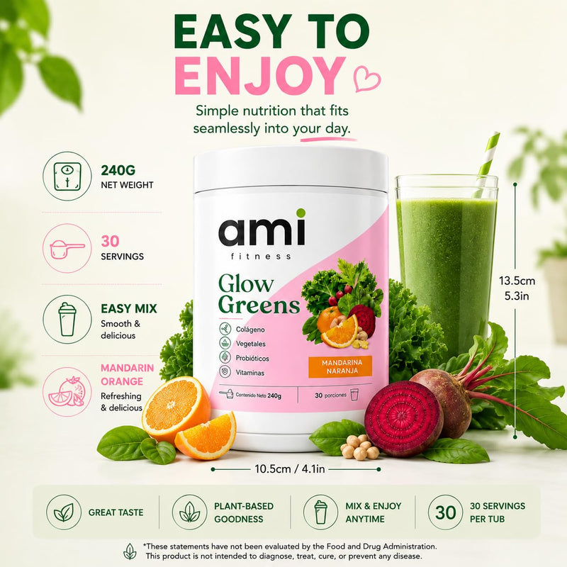 ami fitness Glow Greens, Collagen Greens Drink Mix with Probiotics, Digestive Enzymes, Vitamins and Superfood Greens, Mandarin Orange Flavor, 240 g, 30 Servings 1 Count (Pack of 1)