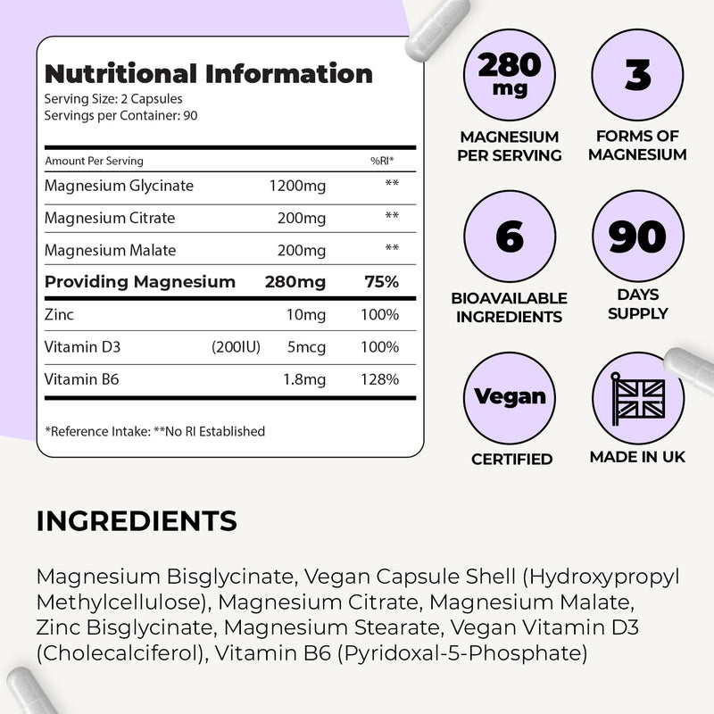 Inspiriko 3-in-1 Magnesium Supplements for Women - Triple Magnesium Complex (Glycinate, Citrate, Malate) with Zinc, B6 & D3-1600mg per Serving, 180 Capsules (3 Months Supply) 180 count (Pack of 1)