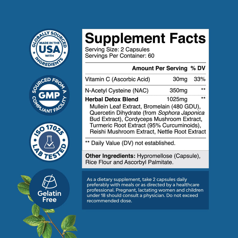 [Australia] - Lung Detox Mullein Leaf Capsules - Purifying Mullein Lung Cleanse Complex with NAC Quercetin & Cordyceps Extracts - Leaf Herb Respiratory Supplement for Sinus Immunity & Breathing Support 