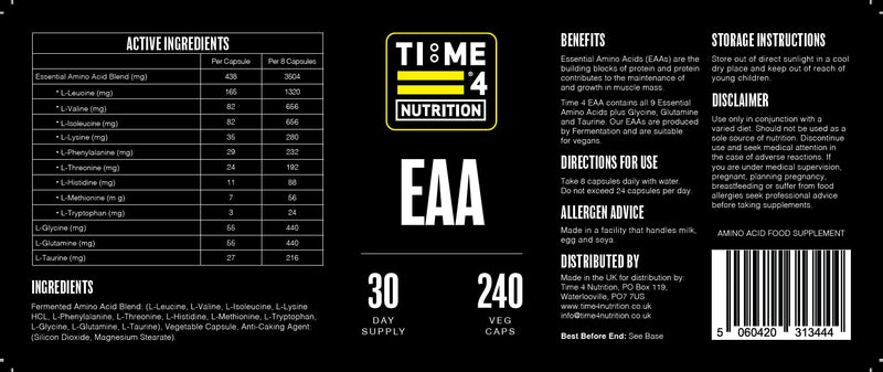 Essential Amino Acids 240 Vegan Capsules Contains All 9 EAAs, All 3 BCAAs + Glycine, Glutamine & Taurine for Muscle Growth & Recovery 30 Day Supply Fermented Amino Acids, High Leucine Content