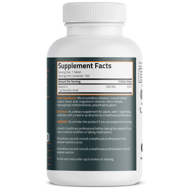 Bronson Vitamin C 500 mg Immune & Antioxidant Support, Non-GMO, 100 Tablets | Daily Vitamin C Replenishment, Vegetarian Formula, Gluten-Free & Soy-Free 100 Count (Pack of 1)