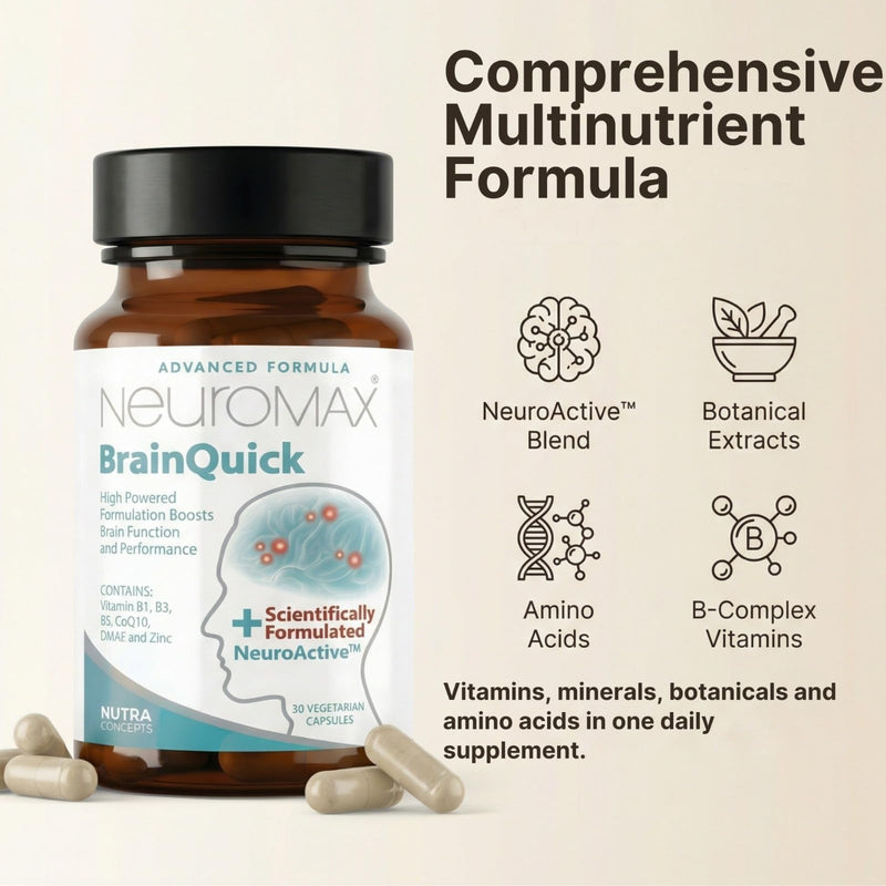 BrainQuick, Brain Support, Vegetarian Supplement 30 Capsules – Made in UK, Natural Cognitive Support for Memory, Focus, Mental Clarity with NeuroActive, Vitamin B1 B3 B5 CoQ10 DMAE and Zinc