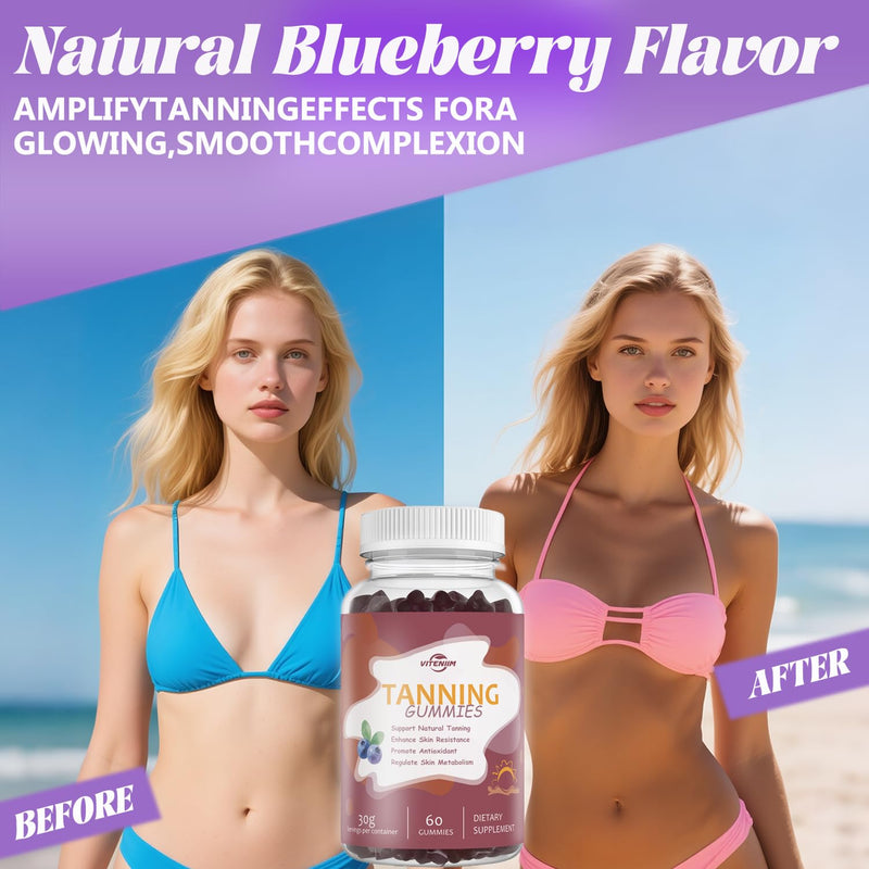 [Australia] - Tanning Gummies - Self Tan Supplement That Work Fast Without Sun - Daily Oral Chews with Beta Carotene Astaxanthin Lycopene & Vitamins for Skin Health Glow Up Sunless Tan - Vegan Sugar Free Blueberry 