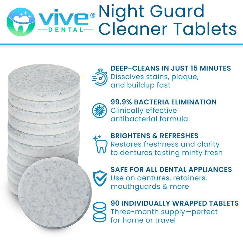 [Australia] - Vive Retainer Cleaner Tablets - Denture & Invisalign Cleaner - for Night Dental Guard & Aligners - Overnight Cleaning Tablets - False Teeth Mouthpiece Cleanser for Stains, Plaque, Odor 90 Count (Pack of 1) 