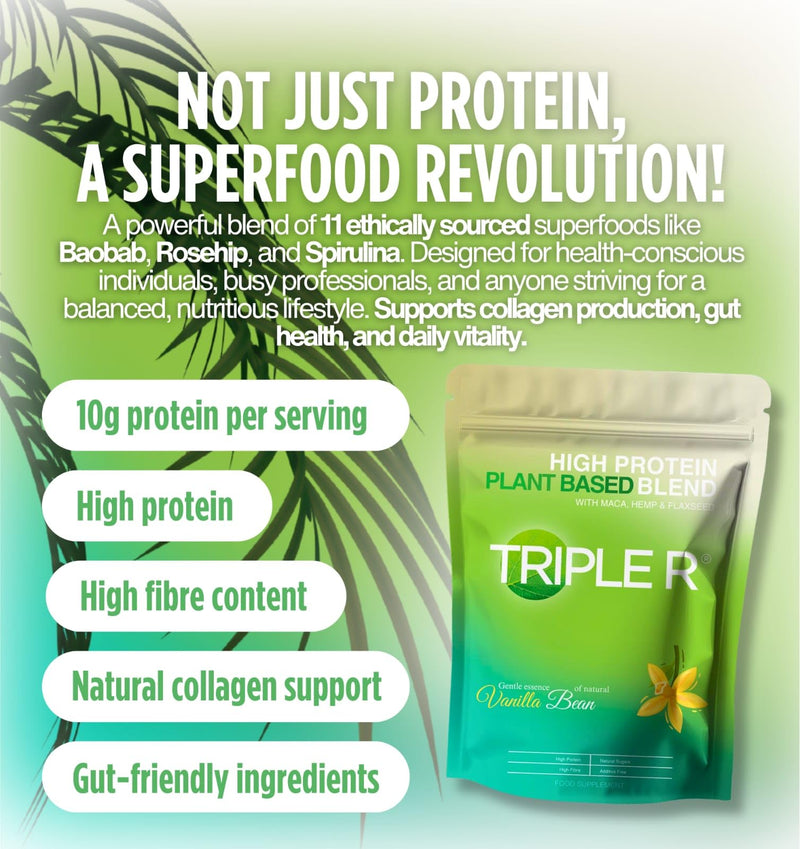 Triple R Vegan Protein Powder & Super Green | Pea Protein Blend | Organic Plant-Based Amino Acid Source, Vanilla, 16 Serving, 400 g