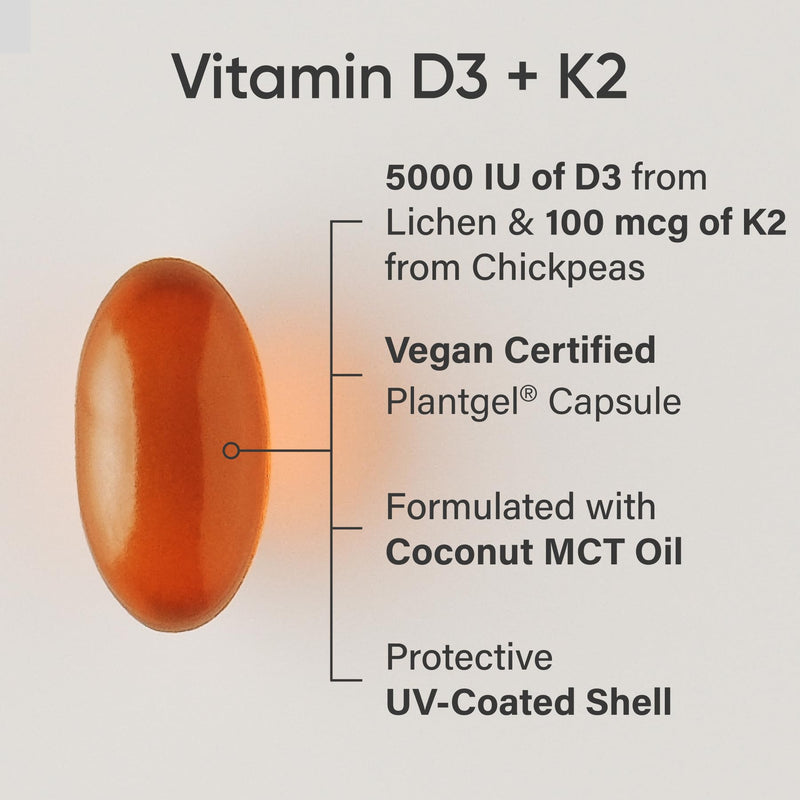 Sports Research® Vegan Vitamin D3 + K2 w/Coconut Oil, 60 Count Plantgels™ | Plant-Based Vitamin D 5000iu/125mcg & Soy-Free Vitamin K 100mcg for Bone & Immune Support - Vegan Certified · Non-GMO 60 Count (Pack of 1)